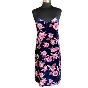 Banjara Midnight Blue Pink Floral Velvet Midi Slip Dress LG Fairy Dark Cottage